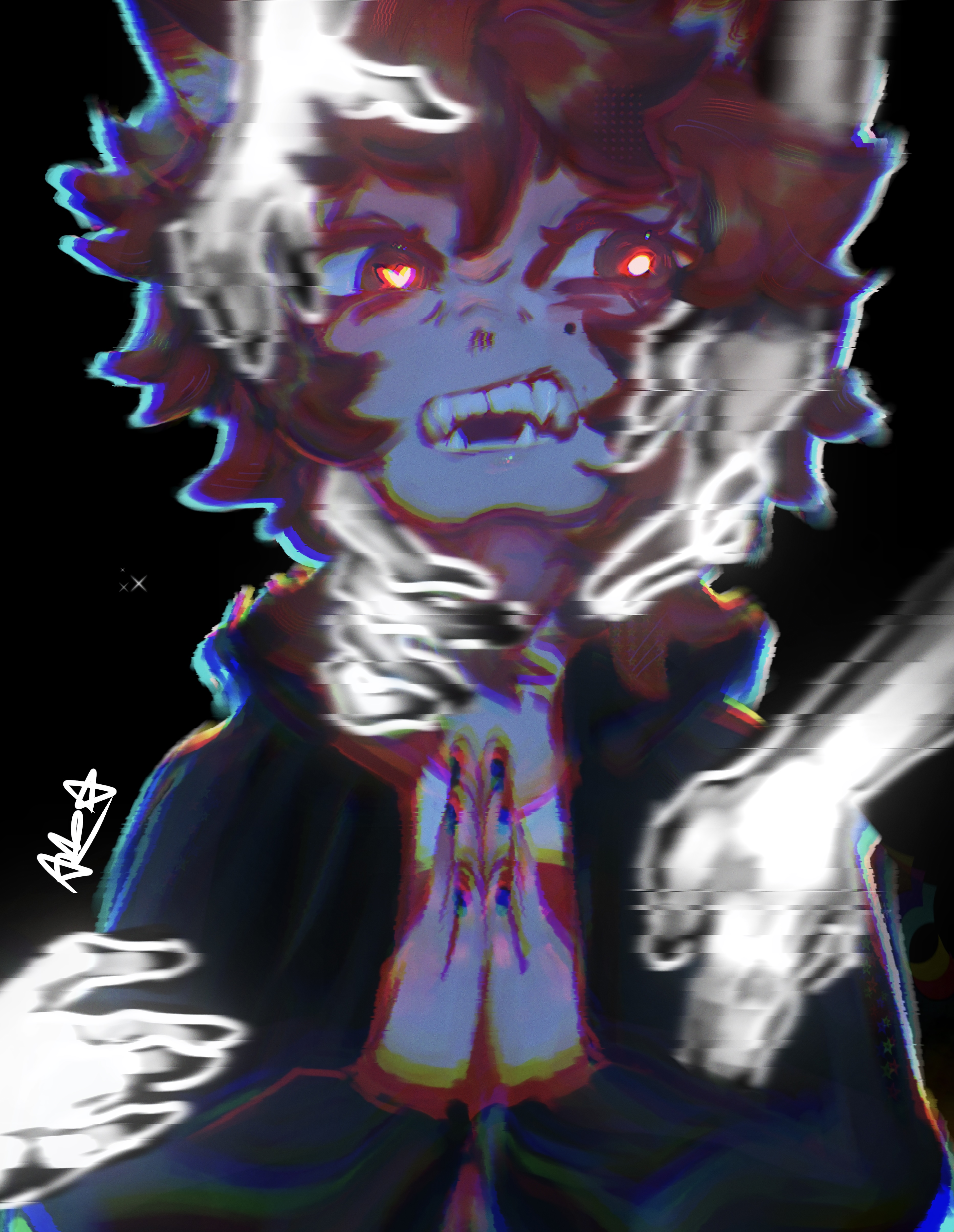 I made this for a collab with some guy named Cal, it took 20 hours to finish mine...still worth it cuz I'm still ok with it! I learned a lot about the filters and affects available in ibis paint and how to play with colors. I did have to screenshot this cuz the og file wouldn't load.
