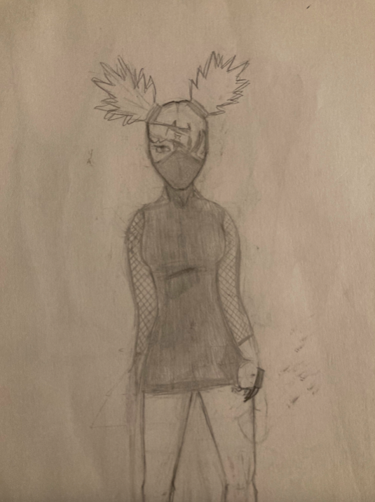 This was a Naruto self insert I made way back when I was still a woman, I remember being proud of the design but it's a litttttle lazy. She did fight with two claw like attatchments which I think is sick. She was supposed to be similair to Kakashi, I think I didn't realize I got severe gender envy from him so I drew the closest thing to being a boy for me at the time. She's been recycled into a Demon Slayer OC and to a JJK OC (who's also a boy so yay for that). Progress.