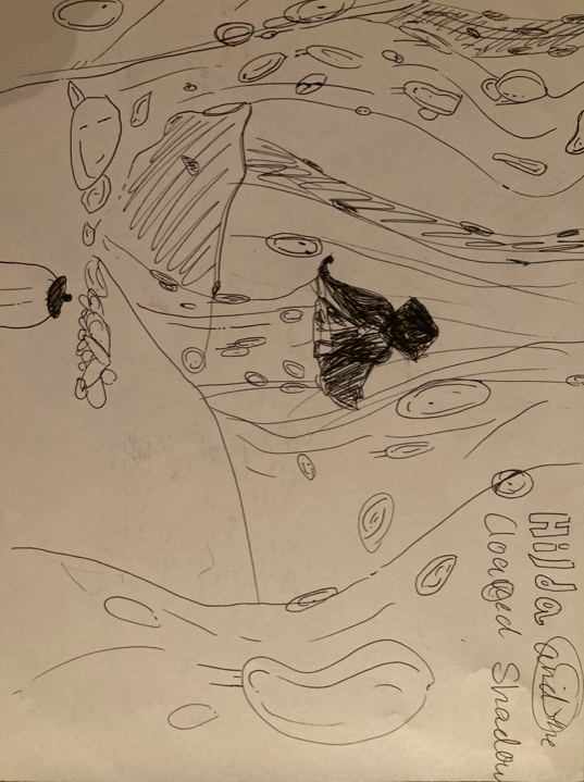 This was when I was SOOOOO into Hilda, like it was a little embarassing how much into it I was at my age. I made thos original character with a backstroy and everything and they lived in the deep, dark caverns with the funny rocks. I reallllyyy liked drawing the rocks.